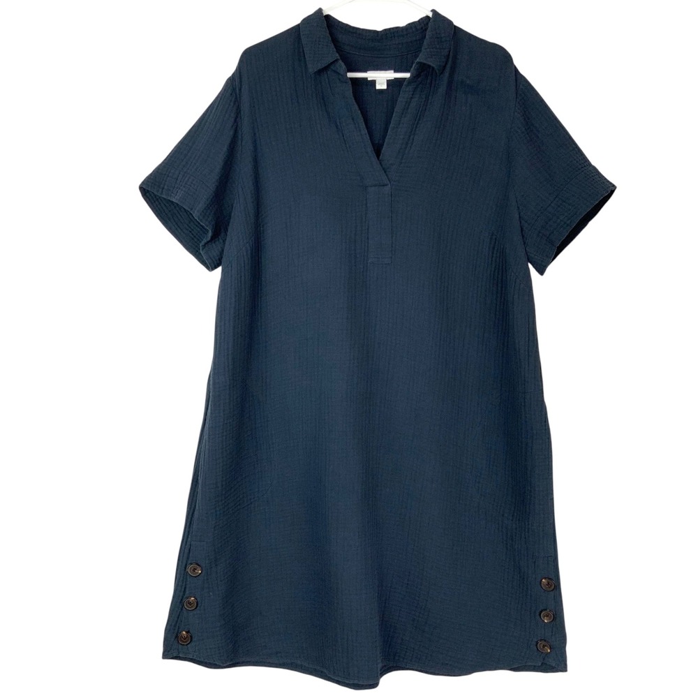J. Jill Navy Blue Cotton Gauze Shift Dress XL Pullover V-Neck Short Sleeve